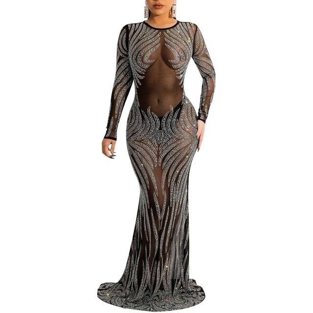 XINQIHANG Femmes Sexy Élégant Strass Forage Chaud Processus Bodycon Robe Soirée de Soirée Robe Longue Soirée Robes