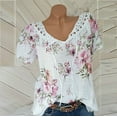 thumbnail image 2 of HAPIMO Women's Fashion Shirts Solid Color Print Tops Short Sleeve Tees Comfy Casual Loose Blouses Lace Crochet Clothes for Girls Notch V-Neck T-shirt White XL, 2 of 4