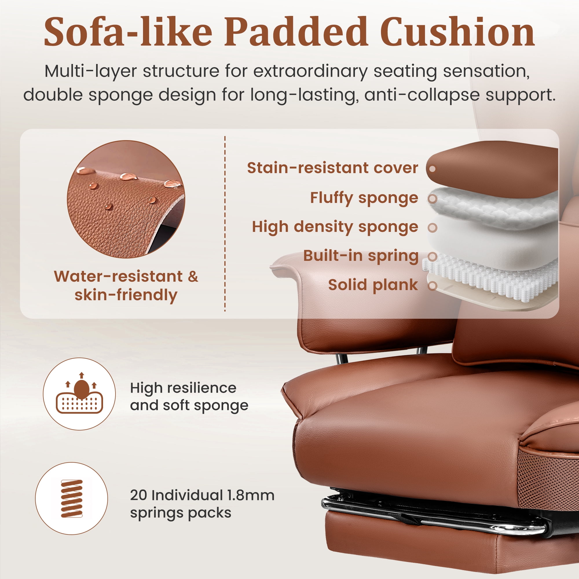 COOLHUT Big and Tall Office Chair 500LBS Wide Seat Ergonomic Computer Desk Chair, PU Leather Executive Office Chair with Footrest, Adjustable Task Chair Lumbar Back Support 8 Hour, Brown
