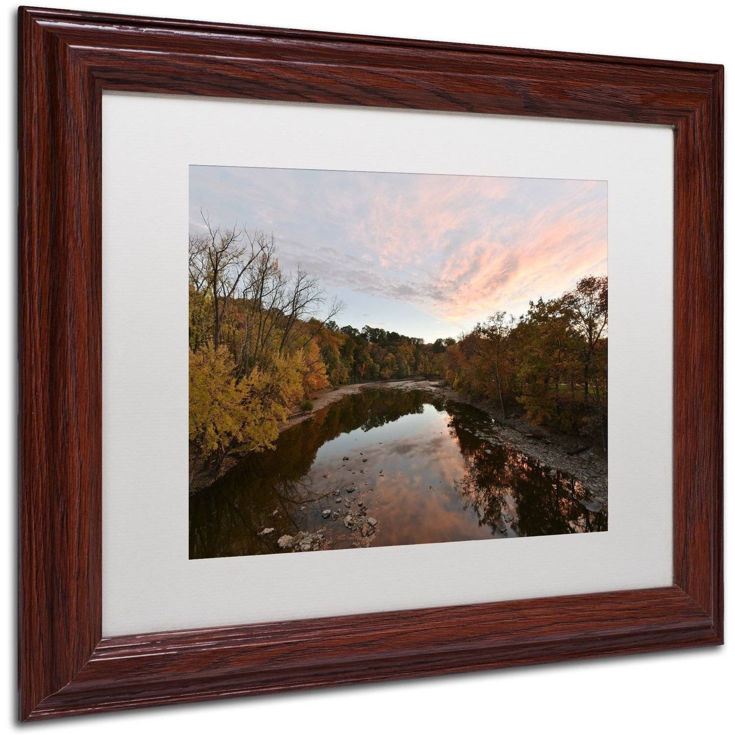 Trademark Fine Art "Rocky River Autumn Sunset" Canvas Art by Kurt Shaffer, White Matte, Wood Frame