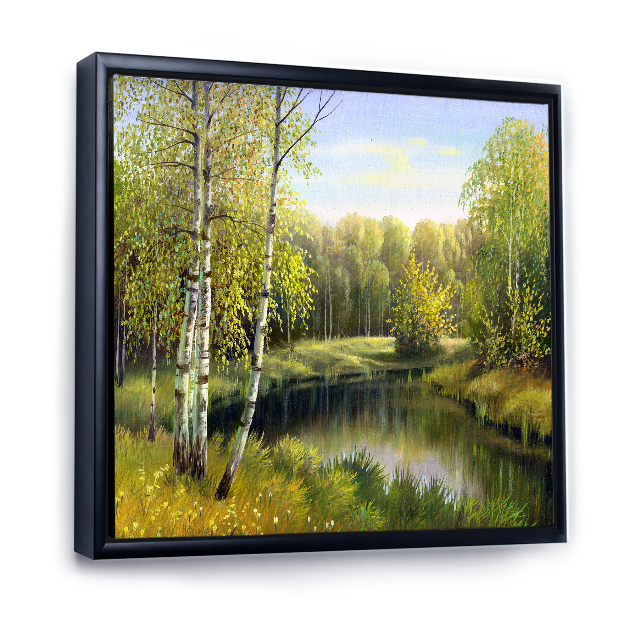 Designart 'The River In Silent Green Nature Through Birches' Traditional Framed Canvas Wall Art Print