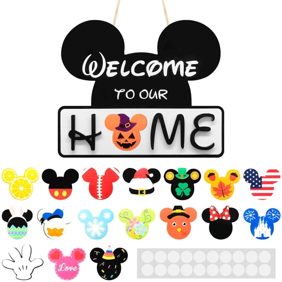 Welcome Home Door Decoration, 19 Interchangeable Designs to Choose From, 10.2*8.7 Inch Black and White Mouse