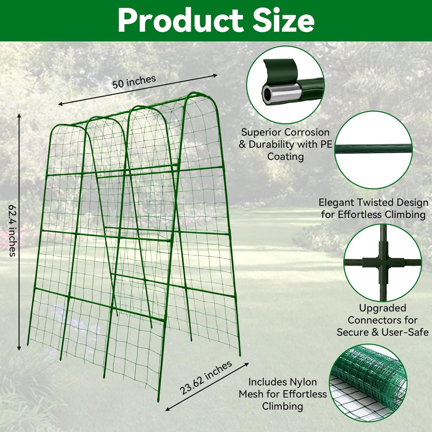 Cucumber Trellis - 62.4"*50" Cucumber Trellis for Raised Bed with Plastic-Coated Steel Pipe, U-Shape Garden Trellis for Climbing Plants, Garden Trellis for Cucumbers, Beans(Green)