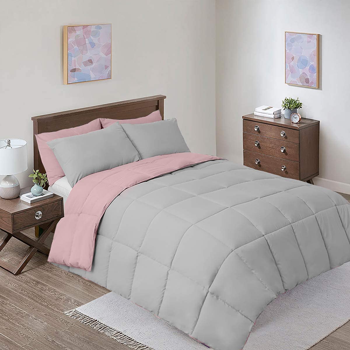 Sheetsnthings Reversible Down Alternative Comforter, Medium Warmth (49-Ounces of Fill) Oversized King Blanket, Blush-Grey