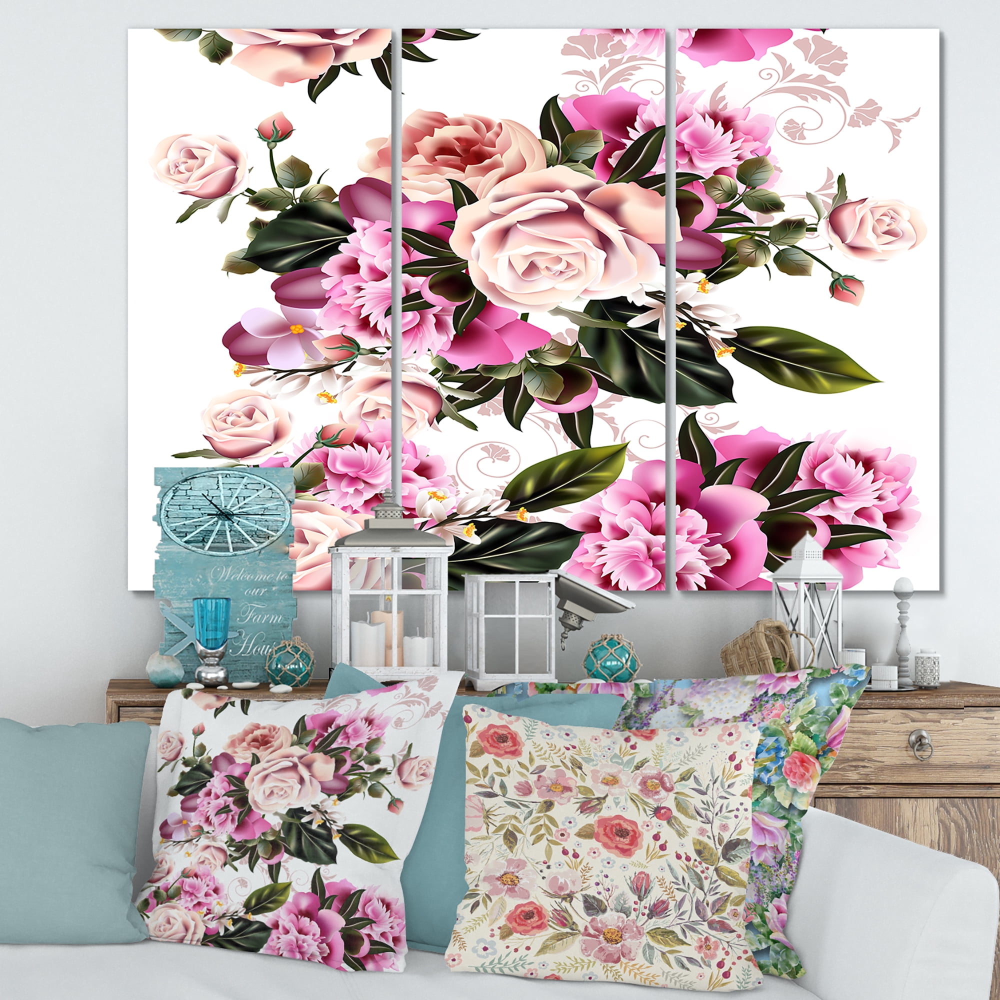 Designart ' Peony Vintage Flowers ' Traditional Canvas Wall Art Print