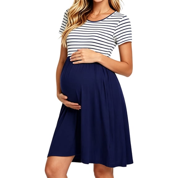 Women's Short Sleeve Maternity Dress Patchwork Pregnancy Clothes with Pockets