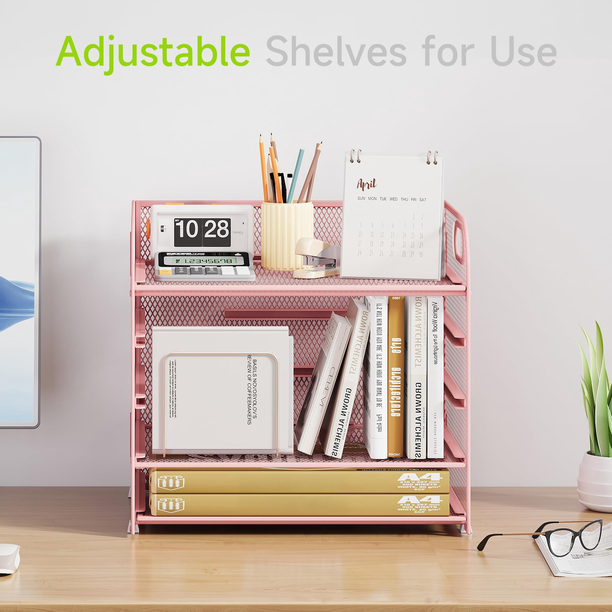 5 Tier Paper Organizer With Handle  Pink Metal Mesh Desk File Folder Letter Tray Desktop Document Sorter For Classroom School Office Accessories Organization And Storage