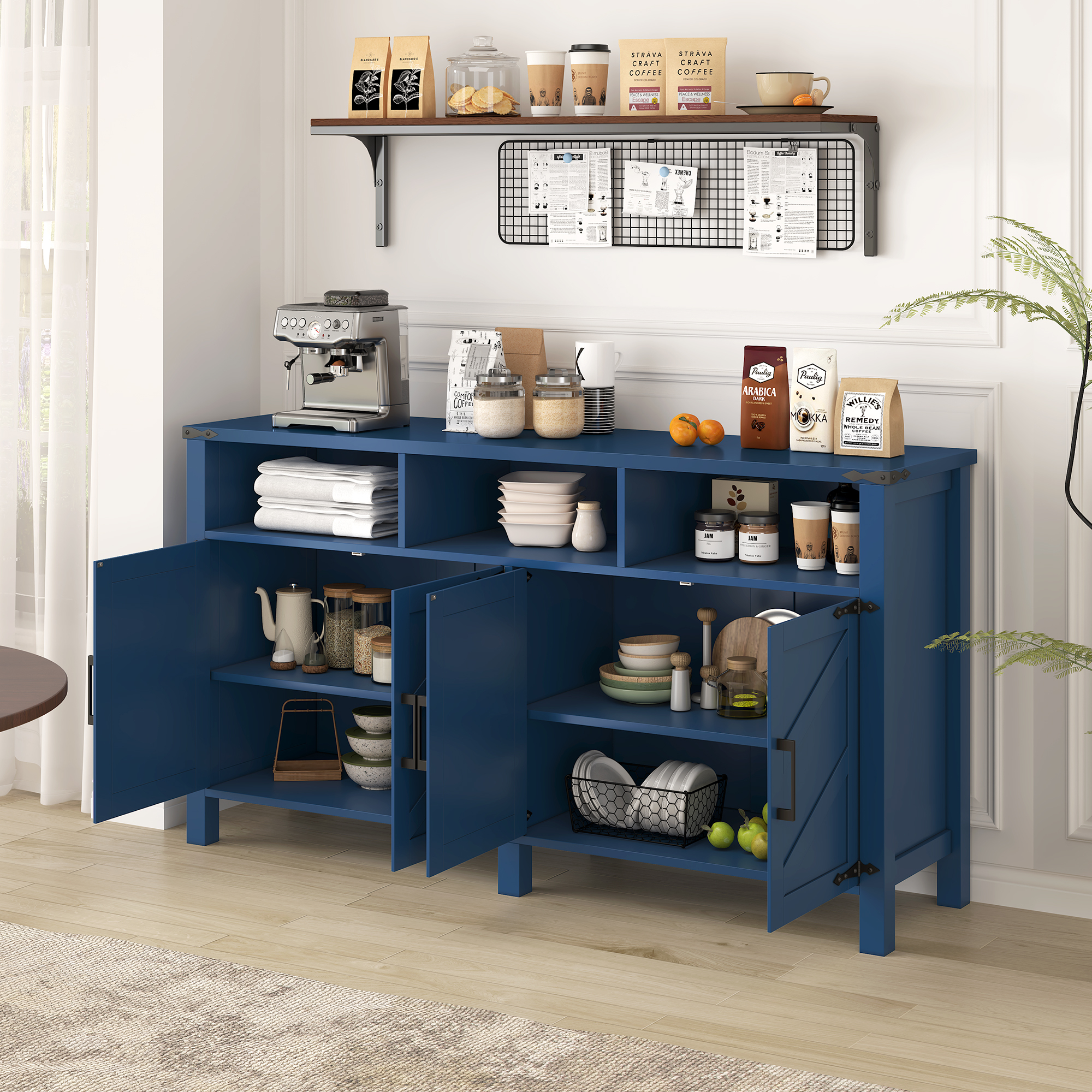 Euroco 59" Large Sideboard Buffet Cabinet with Storage, Wood Coffee Bar Station with Charging Station,Adjustable Shelves and Open Storage Shef for Living Room,Dining Room,Navy Blue