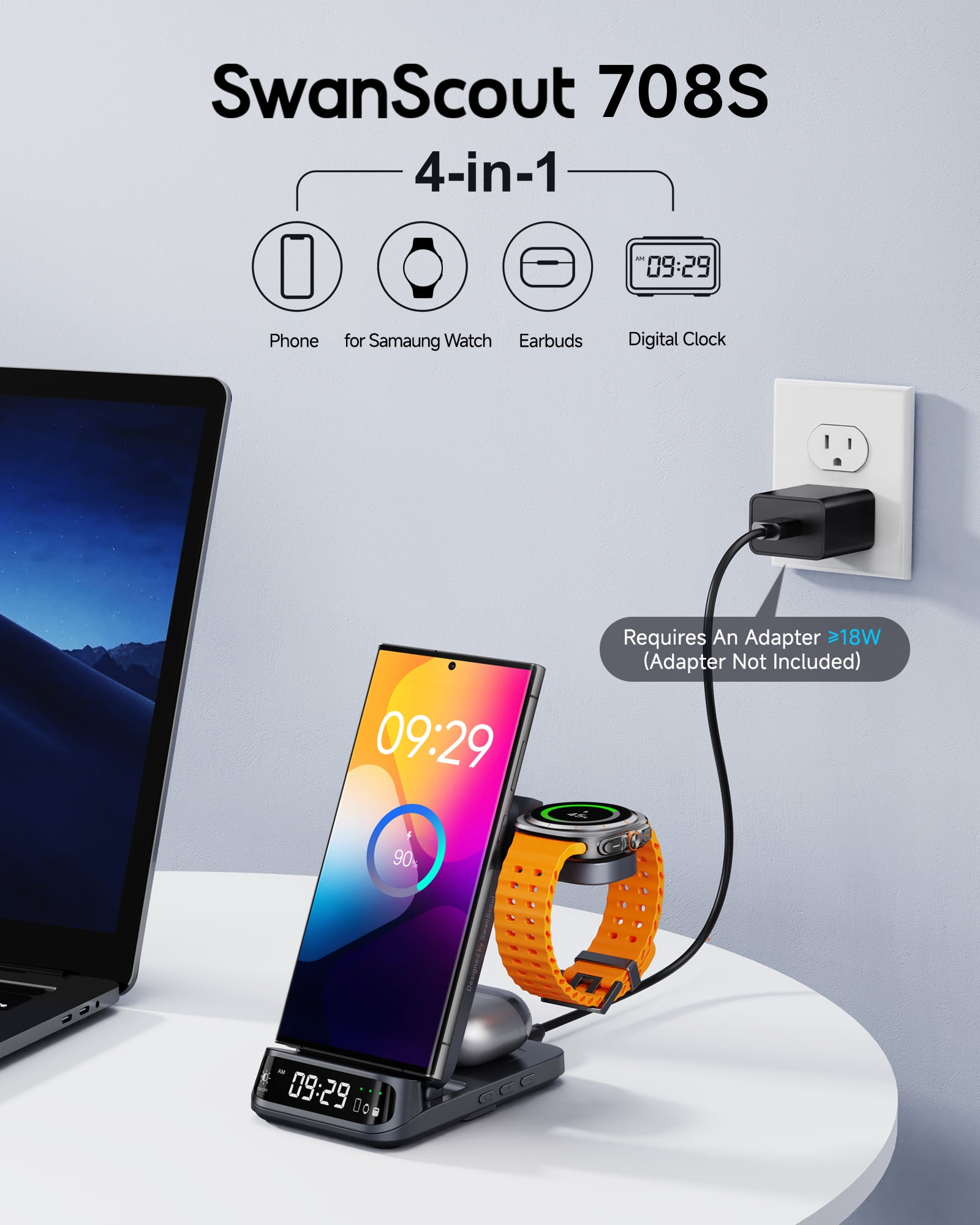 Wireless Charging Station for Samsung, 3 in 1 Wireless Charger for Samsung S25/S24/S23/S22/Z Flip 7/Z Fold, for Galaxy Watch 8/8 Classic/7/Ultra/6/5, Galaxy Buds 3/3 Pro, SwanScout 708S (NO Adapter)