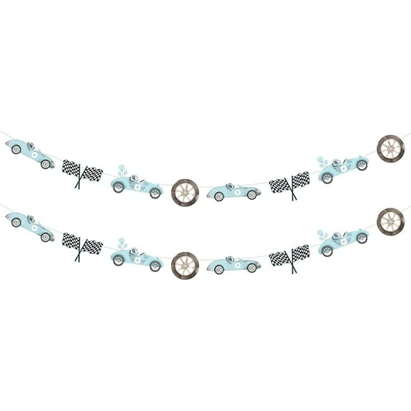 2 Pieces Vintage Racing Car Garlands - Blue Vintage Race Car Birthday Party Supplies for Boys, Pre-Strung, Let's Go Racing Checkered Flag Party Supplies for 1st 2nd 3rd Birthday