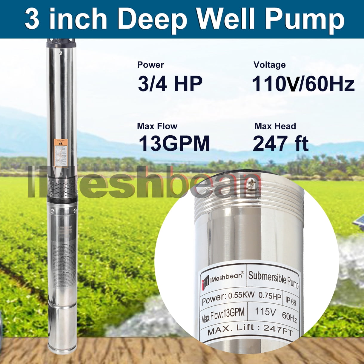 iMeshbean Deep Submersible Well Pump 3/4 HP Submersible Well Pump 110V 13GPM Water Pump 247ft Head with 33ft Electric Cable Stainless Steel Water Well Pumps Submersible for Irrigation Use
