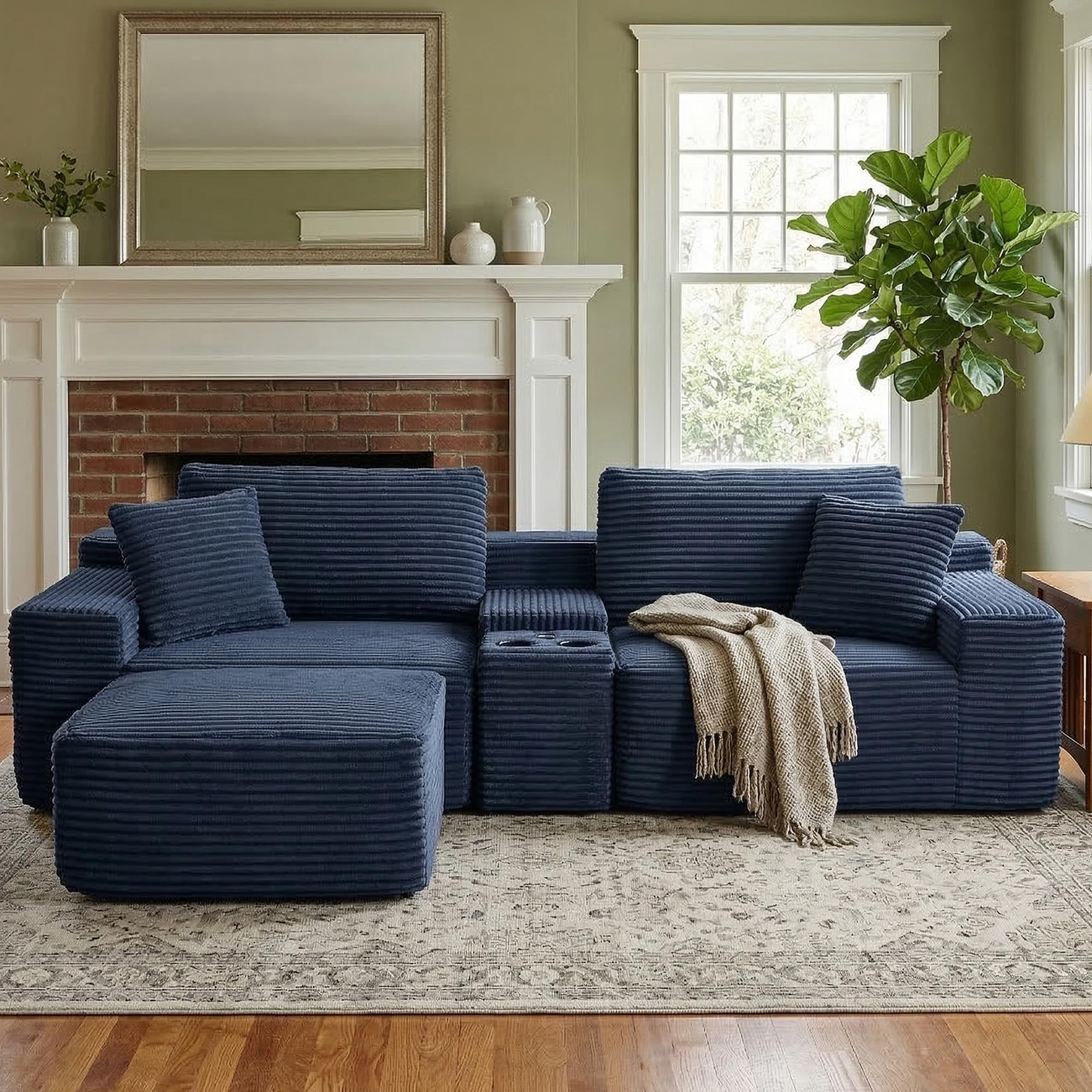 Aukfa 111" Cloud Sectional Sofa Deep Seat Boneless Couch with USB&Cupholdes Storage Console, Modular L-Shaped Couch for Living Room, Corduroy, Blue