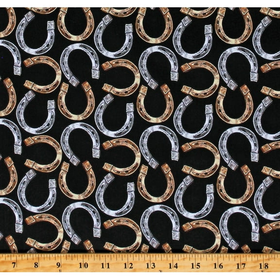 Cotton Horse Shoes Equestrian Horses Wild West Cowboys Western Black Cotton Fabric Print by the Yard (1121-1740)