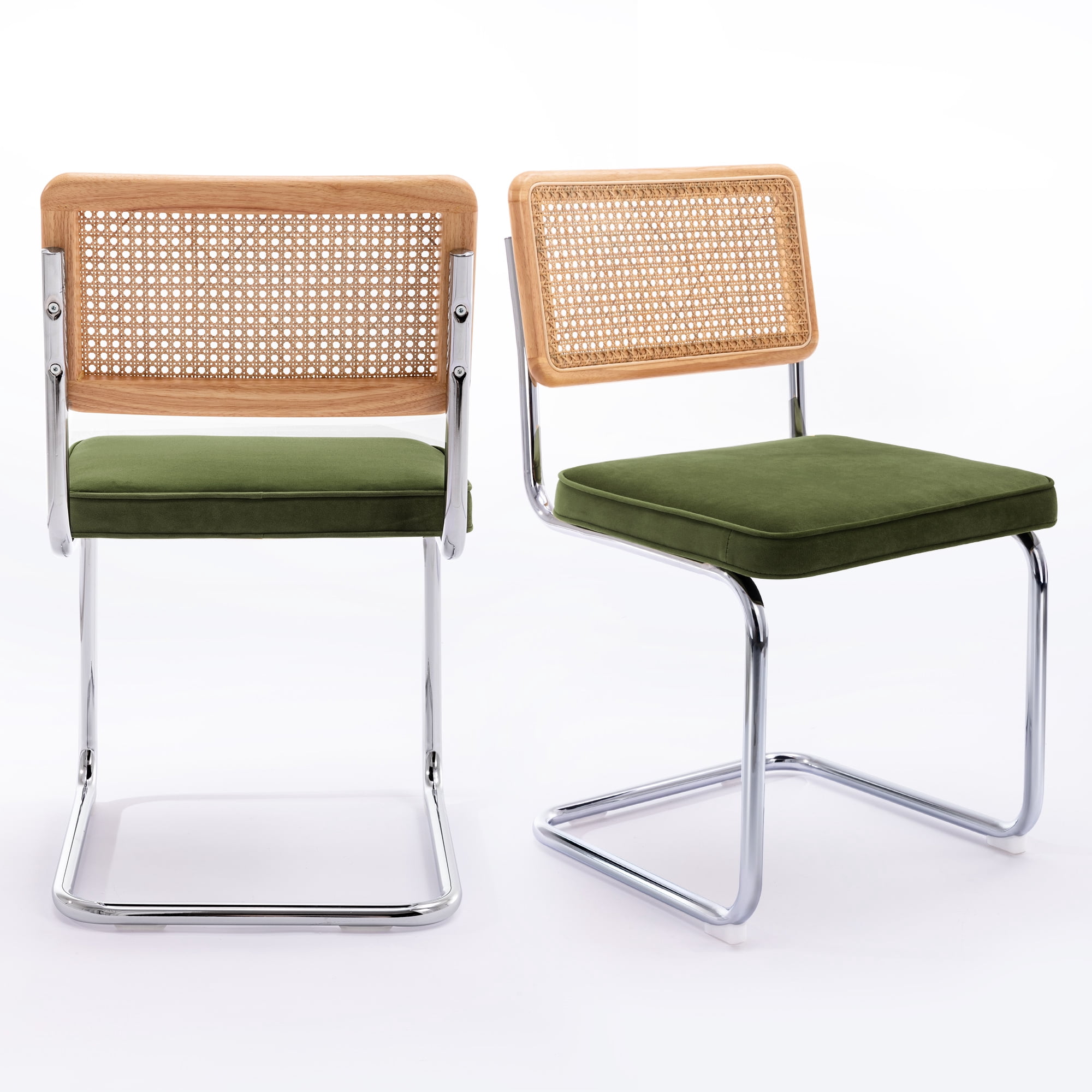 Zesthouse Rattan Dining Chairs Set of 4, Velvet Upholstered Dining Chairs with Cane Back and Chrome Legs, Mid Century Modern Kitchen Side Chairs for Living Room, Green