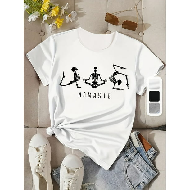1pc Women's Casual T-Shirt with Geometric Yoga Skeleton Pattern Regular Length All-Season Comfort Fit Round Neck Short Sleeve