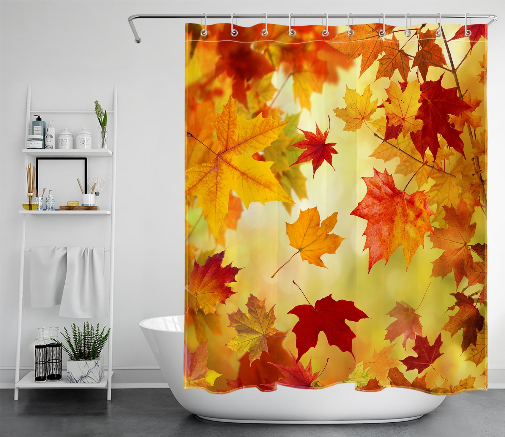 HVEST Fall Falling Maple Leaf Shower Curtain Decor, Autumn Yellow Red Maple Leaf Natural Scenery Shower Curtain Fall Theme Bathroom Polyester Fabric Decor Curtain with Hooks, 60X72 inch