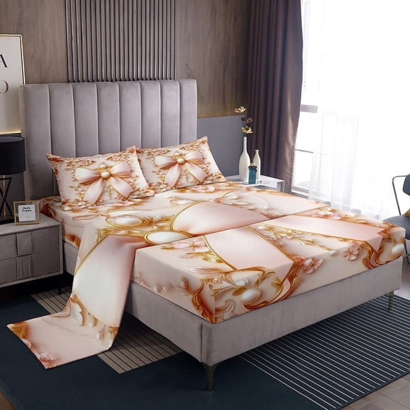 Erosebridal Princess Bowknot Bed Sheets Set Twin Size, Royal Damask Pearl Bedding Sets Twin Size, Princess Bedroom Decor 3 Pieces