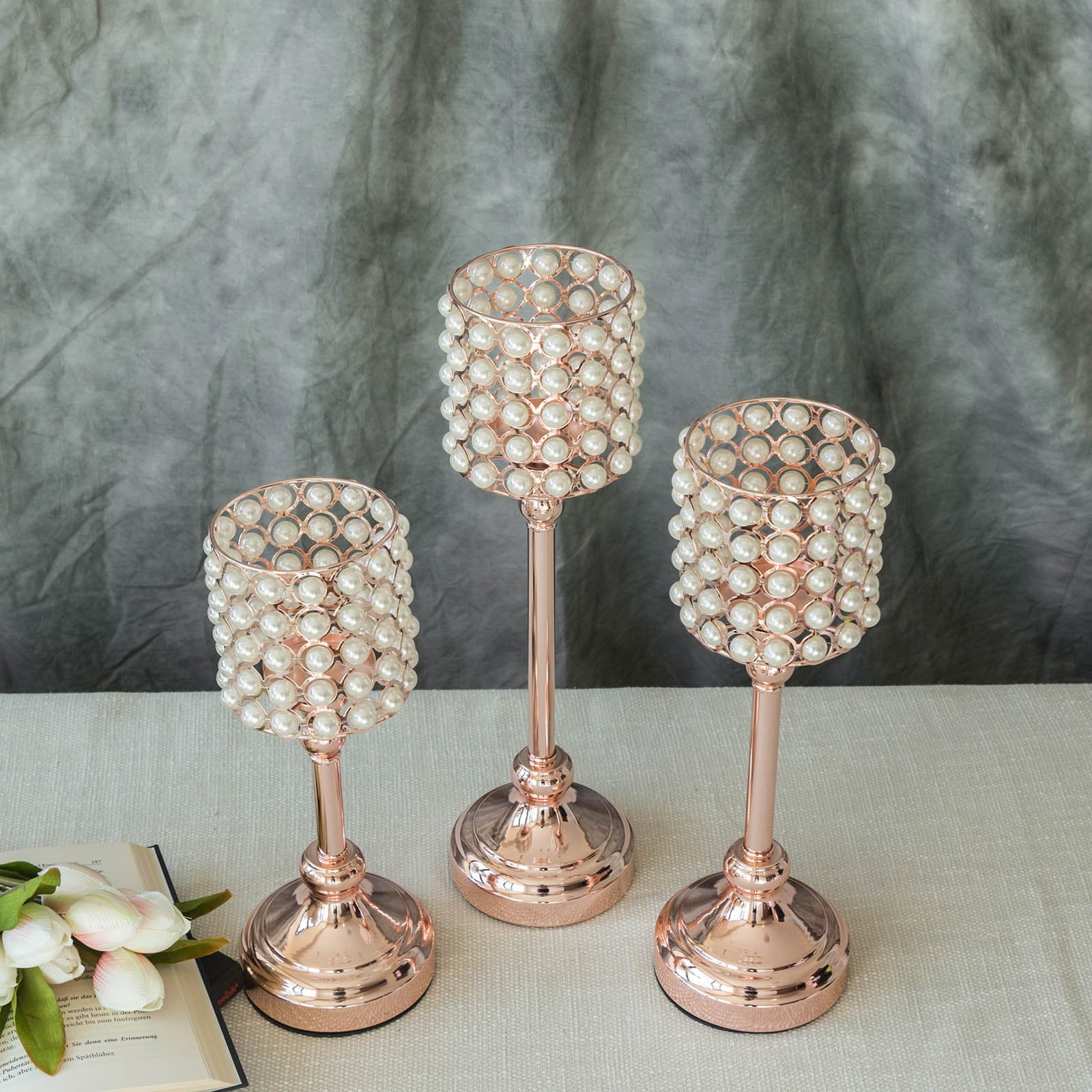 Set of 3 White Pearl Beaded Blush Rose Gold Votive Candle Holder