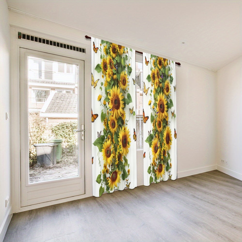 WNOOHIY Rural Natural Butterfly Sunflower Green Branches Light-filtering Window Curtains for Bedroom and Living Room, Set of 2 Panels