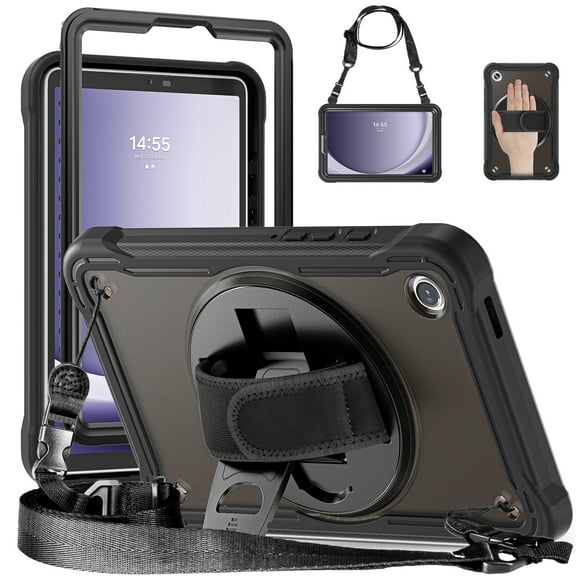 ELEHOLD Hybrid Rugged Case for Samsung Galaxy Tab A9 2023 8.7-inch Heavy Duty Shockproof Case with 360° Rotatable Handstrap Foldable Kickstand Crossbody Shoulder Strap, A
