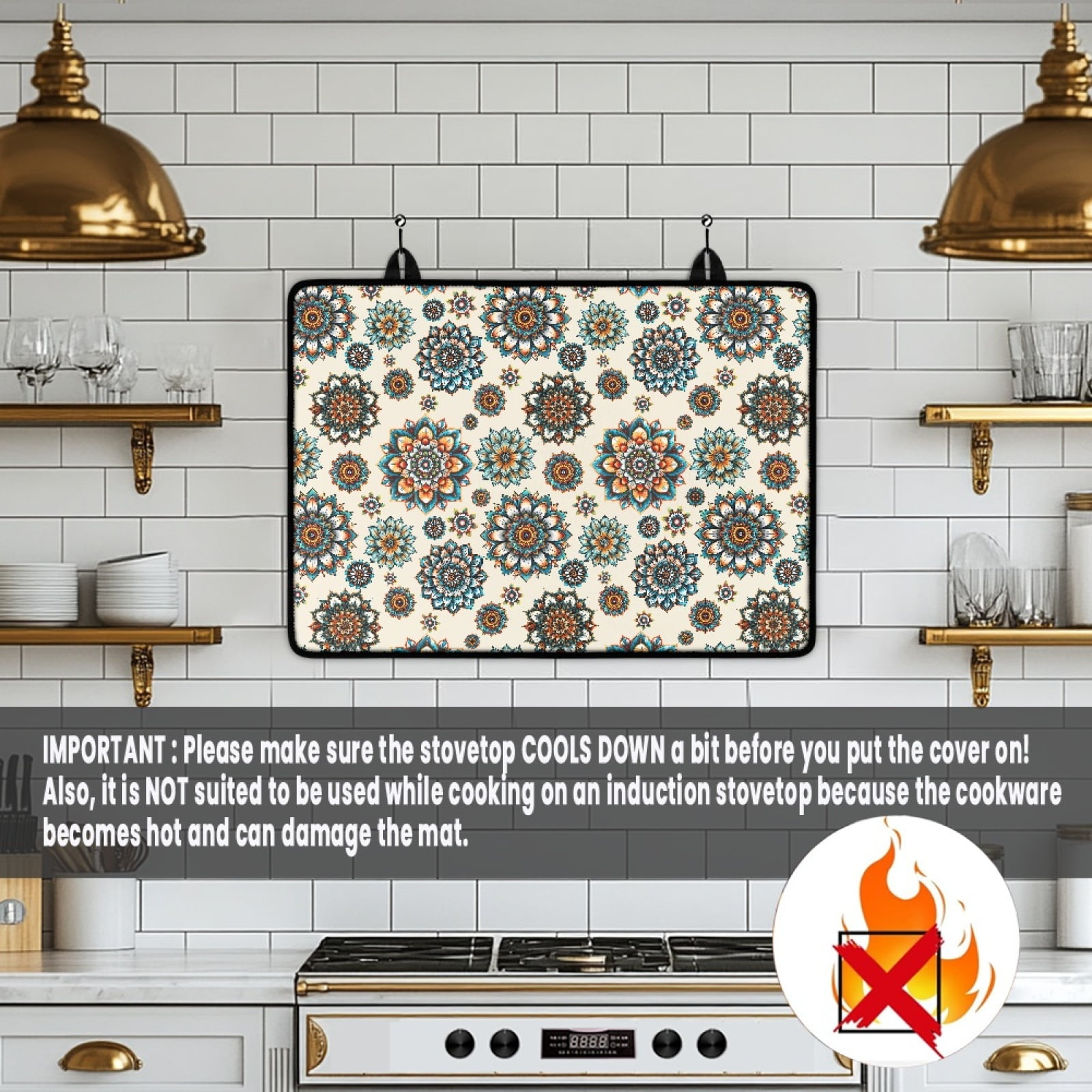 Renewold Ceramic Glass Stove Top Cover Stove Mat Stove Burner Cover Multipurpose Rubber Desk Saver Pad Washer Dryer Top Cover Range Cover for Counter Top, Bohemian Flower Beige