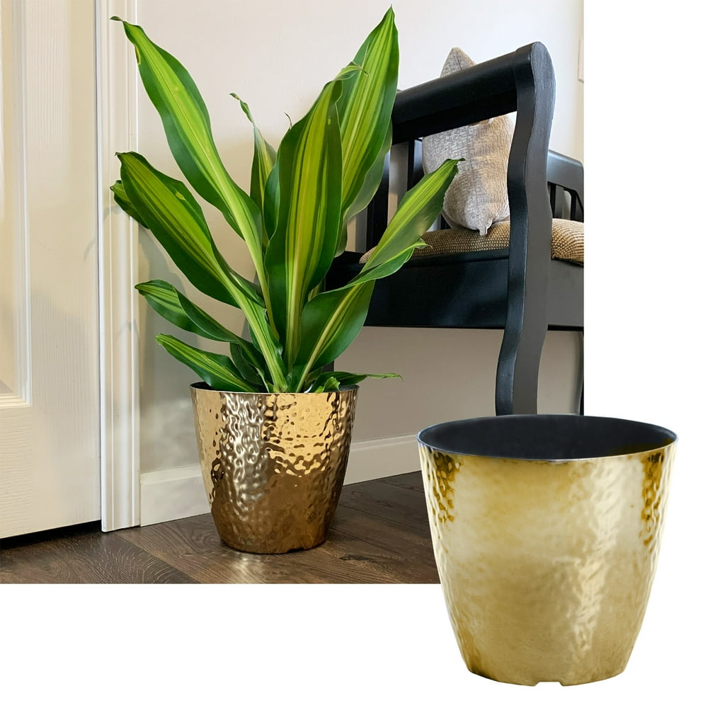 10 Inch Round Metallic Hammered Plastic Flower Pot Garden