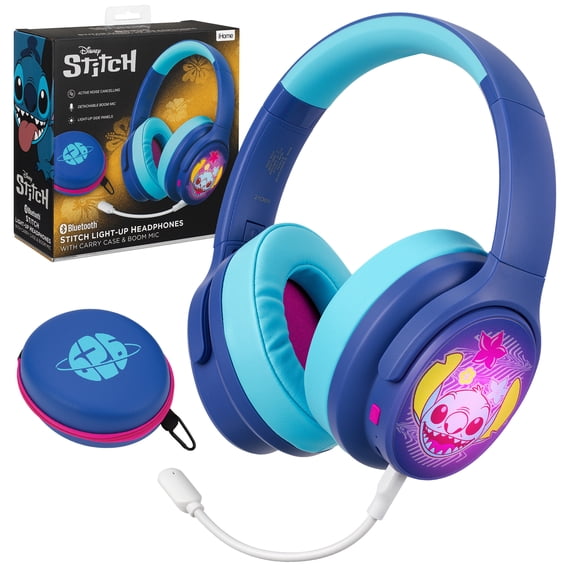 Disney Stitch Bluetooth Headphones for Kids with Detachable Boom Microphone and Light-Up Side Panels