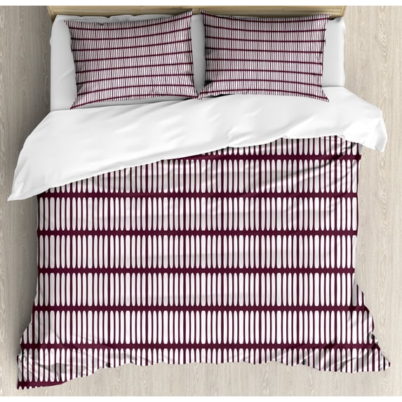 Geometric Duvet Cover Set King Size, Lady Fingers Biscuits Inspired Round Edged Dashes Lines Repeating Pattern, Decorative 3 Piece Bedding Set with 2 Pillow Shams, Maroon and White, by Ambesonne