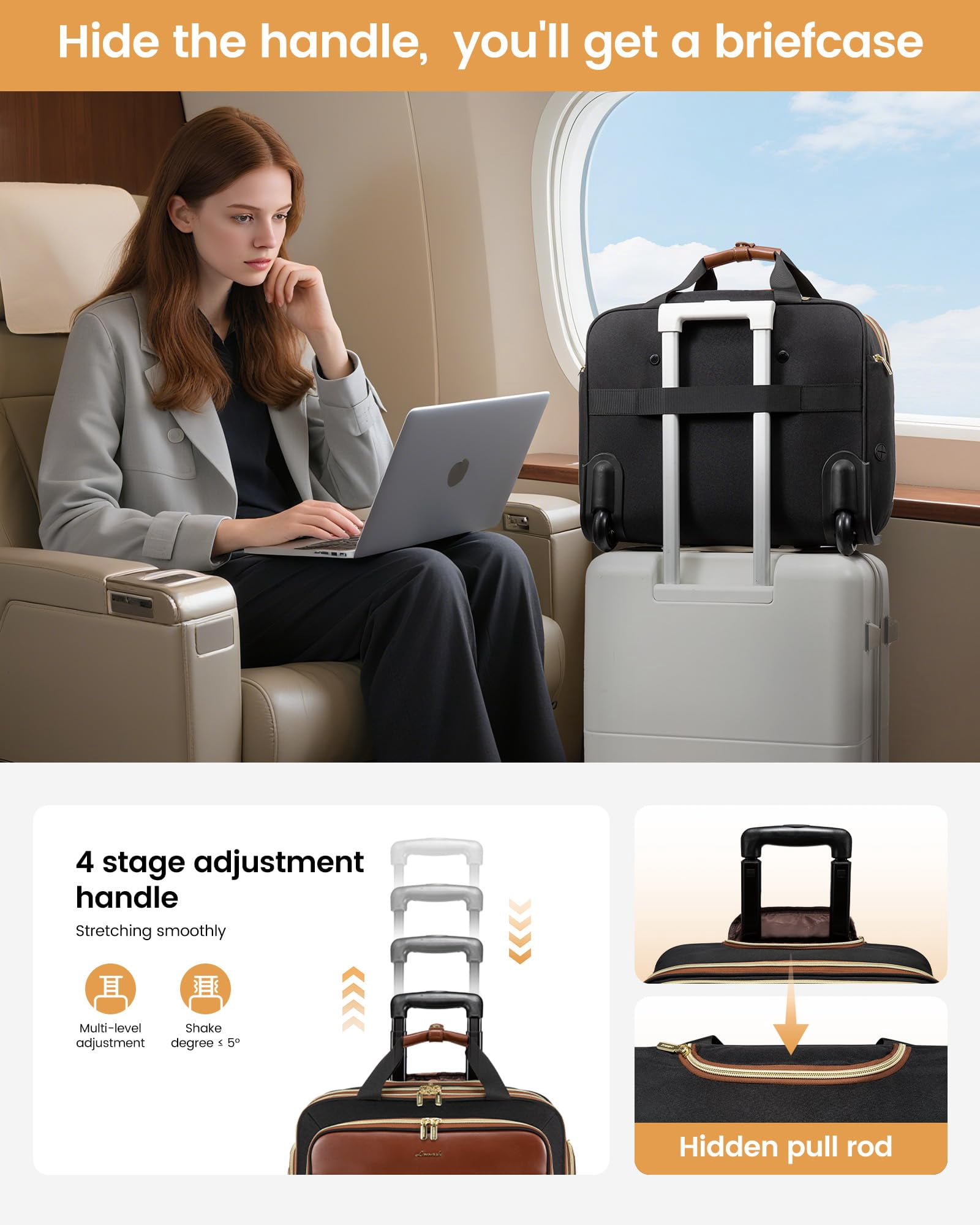 LOVEVOOK Rolling Laptop Bag Women, 17.3 Inch Laptop Briefcase with Wheels, Soft Sided Underseat Carry On Luggage Personal Item Suitcase for Work Travel Business, Black Brown Beige