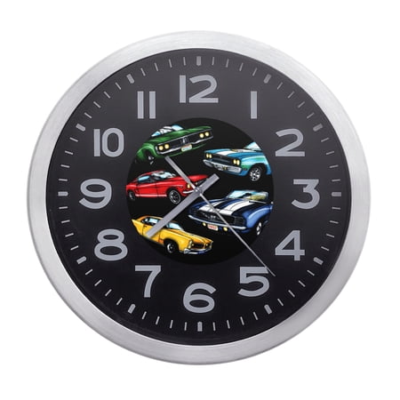 Wall Clock Home Decor or for a Patio/RV/Game Room 10 Round Silver Edge with a Black Face Featuring Your Choice of a Car, Train, or Truck Themed Vinyl Decal - FREE Battery Included (Vintage Cars)
