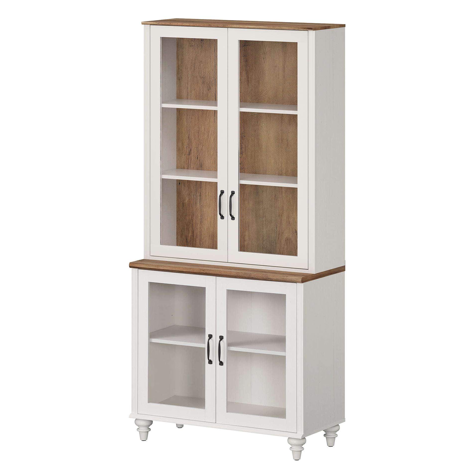 White 5-Tier Bookcase with Glass Doors and Adjustable Shelf, Farmhouse Library Wooden Bookshelves for Living Room, Office, Kitchen