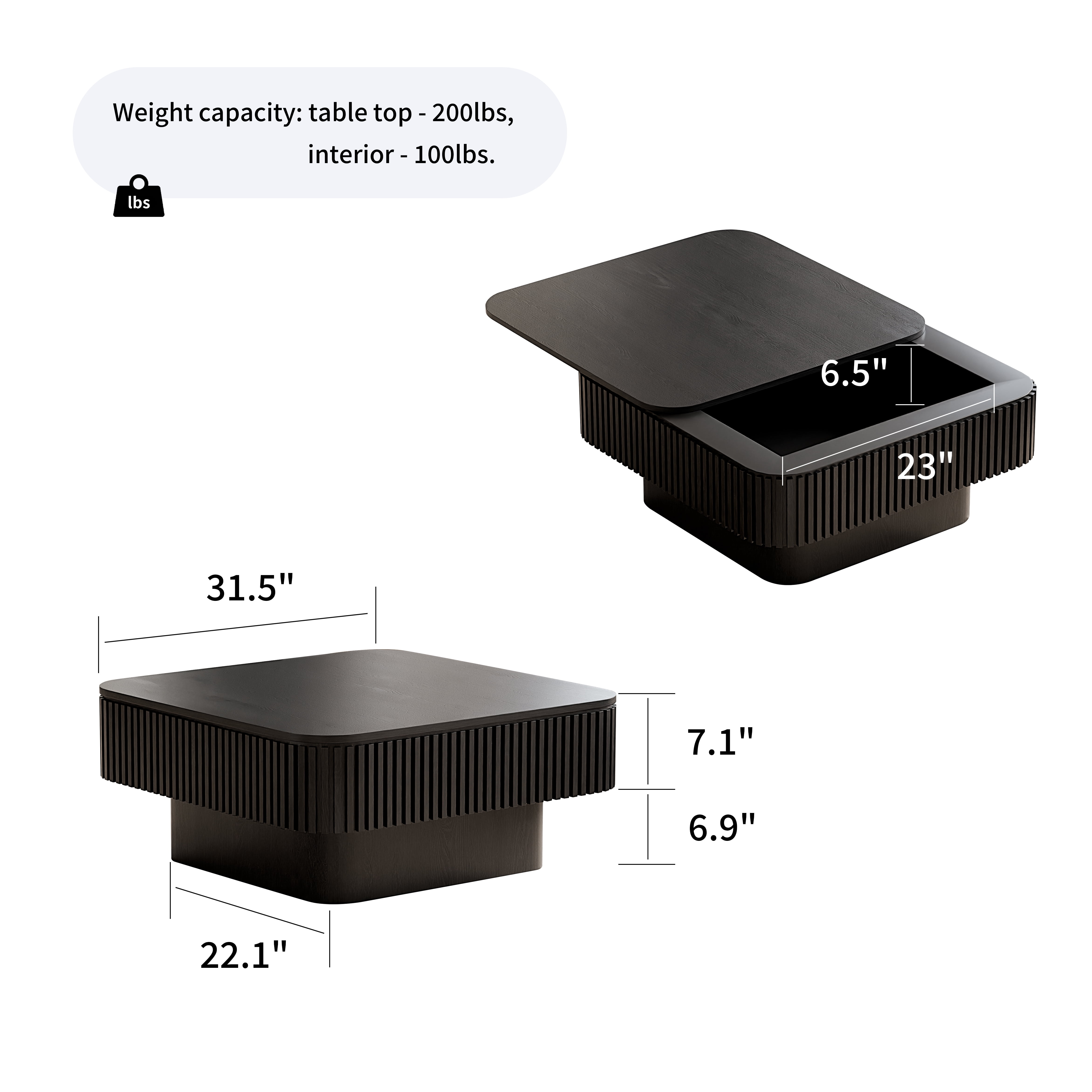 Homy Casa 31.5 in Modern Fluted Square Coffee Table with Hidden Storage for Living Room Black