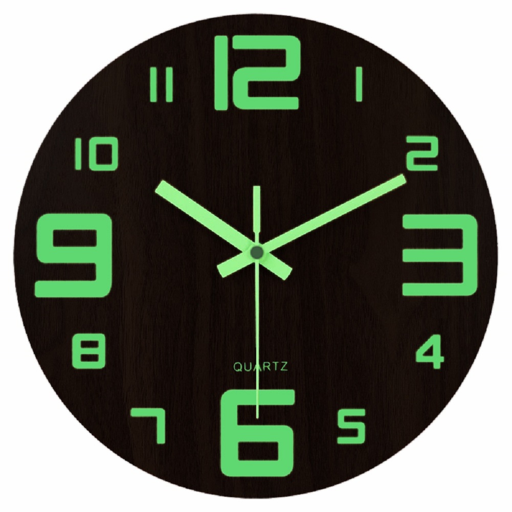 Wall clock Glow in the dark round wooden decor,large digital wall clock