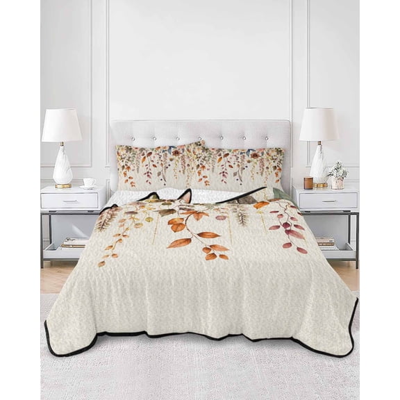 Quilts Twin XL Size, Thanksgiving Soft Comforter Bedding Set for Bed, Fall Botanical Eucalyptus Leaves Floral Lightweight Quilted Bedspread with Pillow Cover(2 Pieces) for All Season, 68x98 Inch