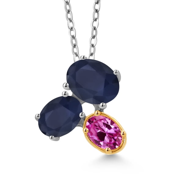 925 Silver and 10K Yellow Gold Blue Sapphire and Pink Created Sapphire Pendant Necklace for Women (3.30 Cttw, Oval 8X6MM, 7X5MM and 6X4MM, Gemstone September Birthstone, with 18 inch Chain)