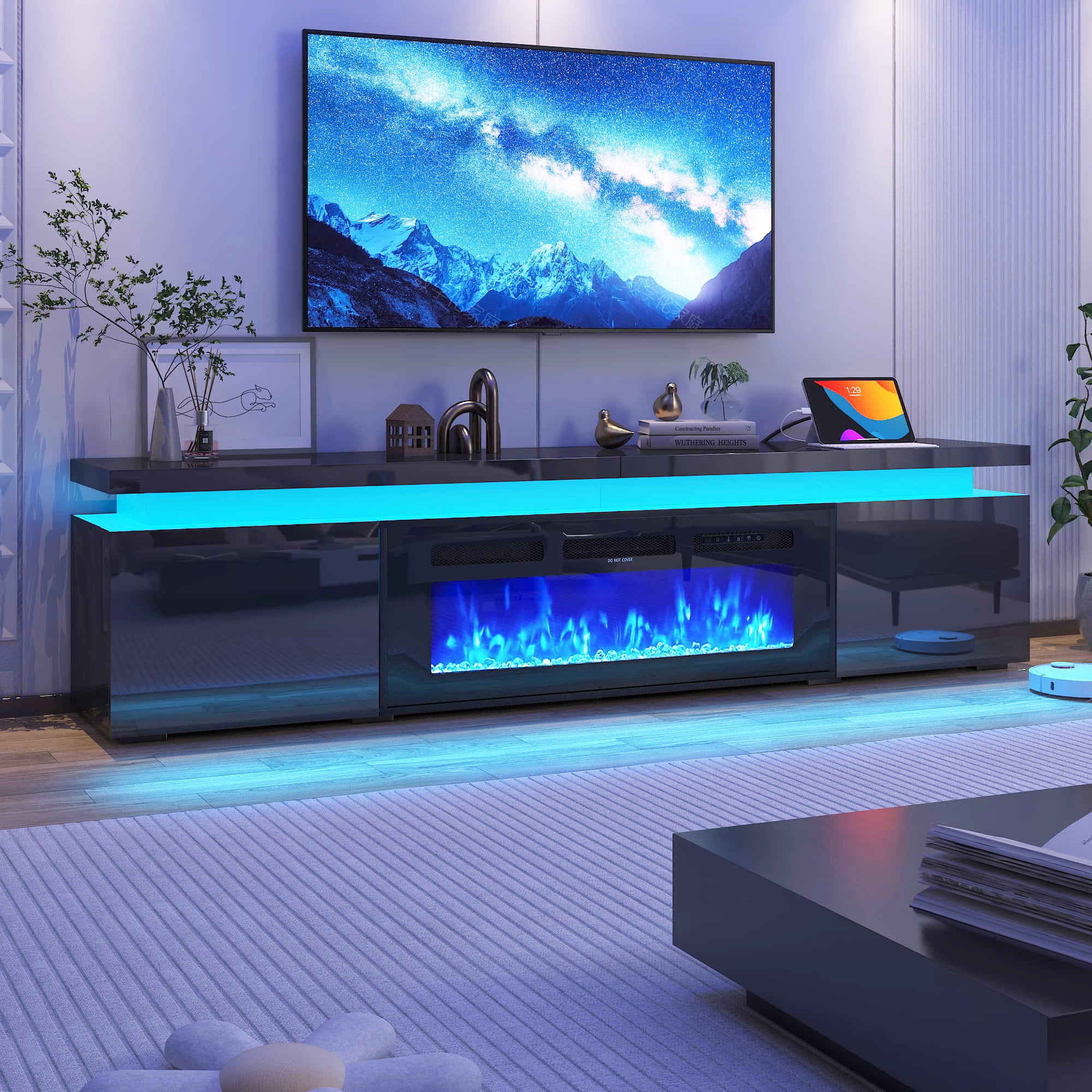 Fireplace TV Stand for 75" 80" 85" 90" TVs with LED Light & Outlets, 82.7" Large Entertainment Center Gaming Soundbar Shelf with 40'' Electric Fireplace