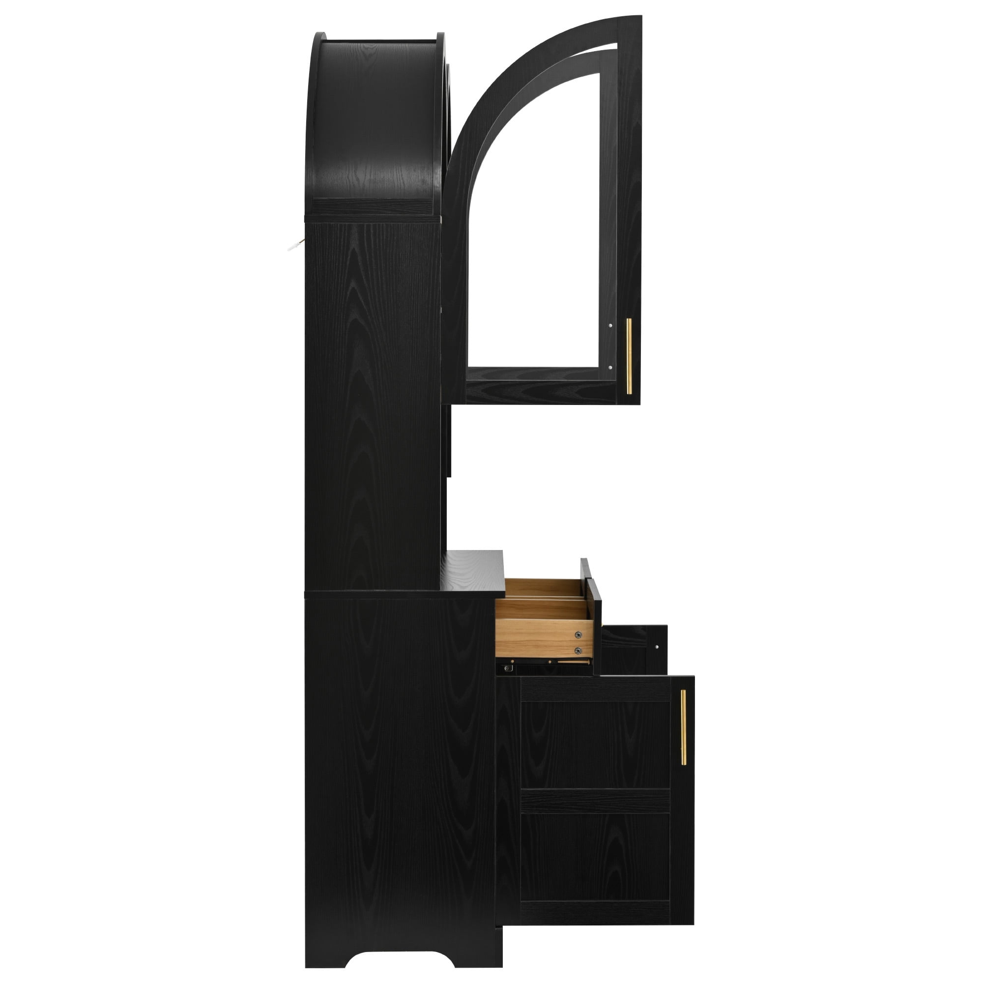 Euroco 74.8" Tall Arched Kitchen Pantry Cabinet,Farmhouse Arched Kitchen Storage Hutch with Glass Doors,2 Drawers,Adjustable Shelves,Power Outlet & LED Light,Freestanding Tall Cupboard,Black