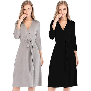 Women Kimono Robes Lightweight Sleepdress Three Quarter Sleeve Bathrobe Knee Length Soft Sleepwear S-XXL,Black