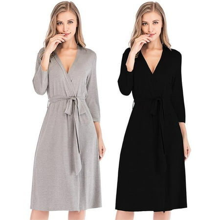 

Women Kimono Robes Lightweight Sleepdress Three Quarter Sleeve Bathrobe Knee Length Soft Sleepwear S-XXL Black