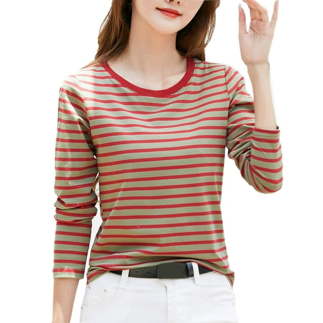 JAKANYQ T-Shirts pour Femmes Nouveau Col Rond Contraste de Couleur Rayé Manches Longues T-Shirt de Base pour Femmes avec Hauts d'Art Rétro T-Shirt Classique