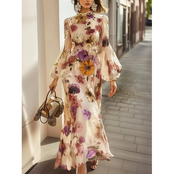 Ruffled waist printed dress, elegant long dress for women