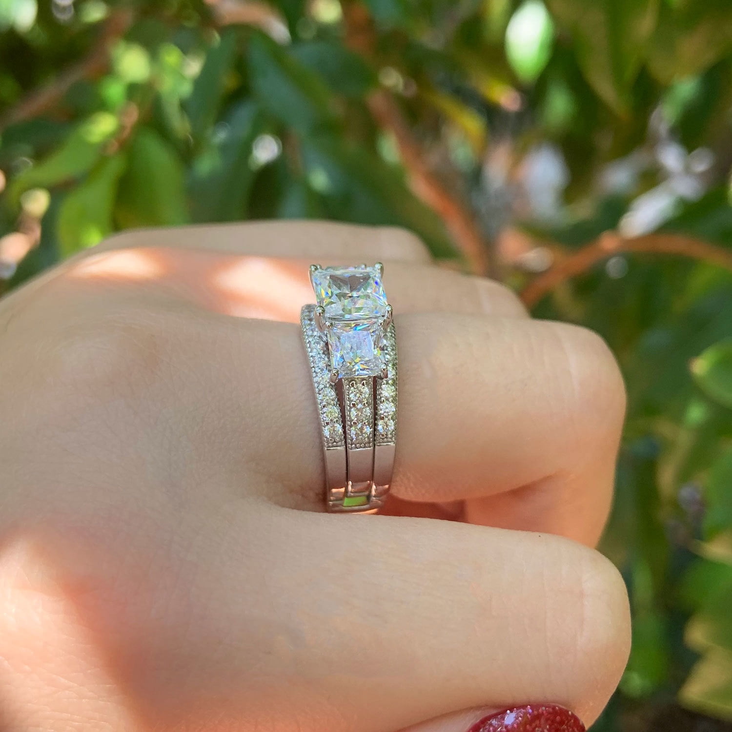 SHELOVES 1.9 Carat Three-Stone Princess Cut AAAAA CZ Wedding Rings for Women Engagement Ring Sets 925 Sterling Silver Size 7