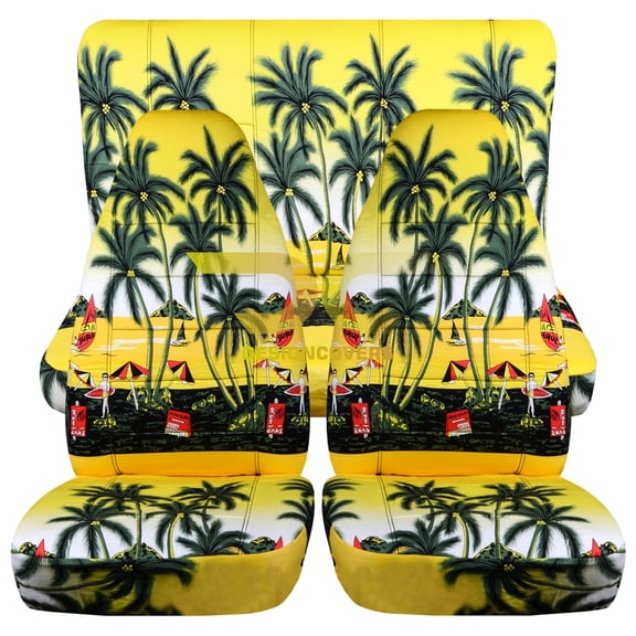 T488-Designcovers Compatible with 1987-1995 Jeep Wrangler YJ Hawaiian Print Seat Covers:Yellow w Palm Tree - Full Set Front&Rear