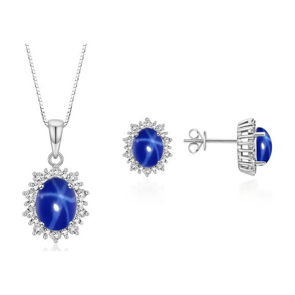 RYLOS Matching Jewelry Set 14K White Gold Princess Diana Inspired Earrings & Necklace. Gemstone & Diamonds, 8X6MM Blue Star Sapphire Birthstone