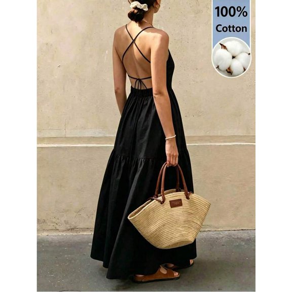 Womens Black Backless Maxi Dress, Elegant Summer Flowy Sundress
