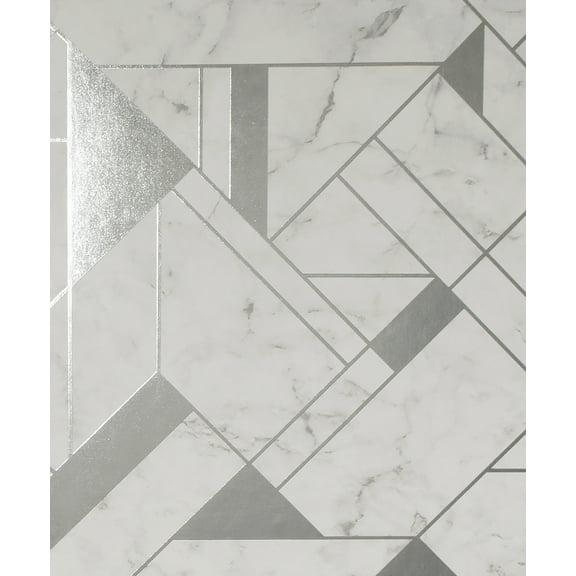 Advantage Gulliver Silver Marble Geometric Unpasted Vinyl Wallpaper, 20.5-in by 33-ft, 56.4 sq. ft.