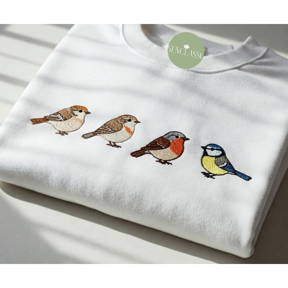 Embroidered Bird Sweatshirt, Minimalist Cute Bird Shirt, Nature Lover Gift, Sparrow Robin Chickadee Birdwatcher Crewneck, Garden Inspired