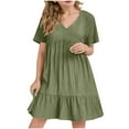 thumbnail image 2 of BRGZLK Kids Girls Summer Sundress Cute Solid Color Short Sleeve V-Neck Tiered Crinkle Flowy Swing A-Line Midi Dress Green 14-15 Years, 2 of 7