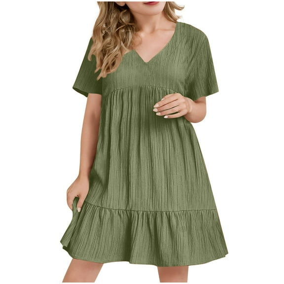 Efsteb Summer Dress for Girls Kids Beach Vacation Casual Short Sleeve V Neck Pleated Ruffle Hem Flowy Mini Dresses (Green,9-10 Years)