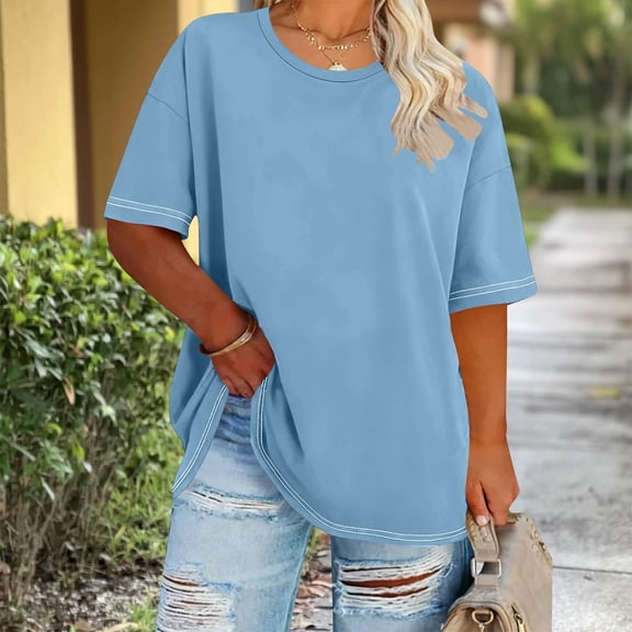 BRGZLK Women Oversized Tops 2026 Round Neck Short Sleeve Solid Color Spring Summer Base Layer T Shirt Basic Clothes Light Blue XXL